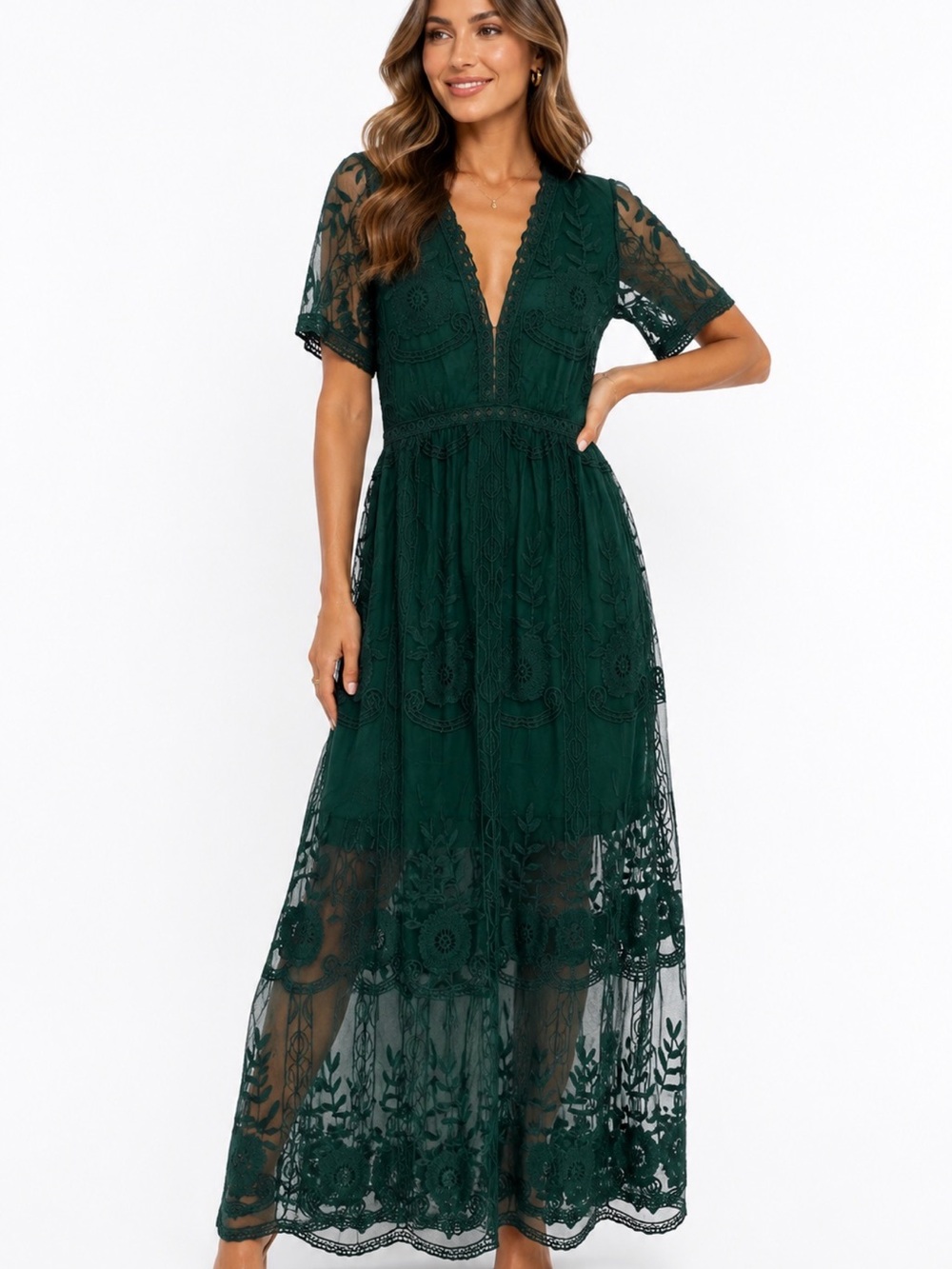 ELETER Dark Green Lace Maxi Dress with V-Neck midi dress NWT medium boho